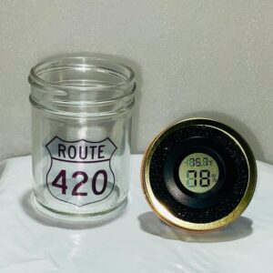 A glass jar labeled 'Route 420' beside a digital thermometer showing 78°F.