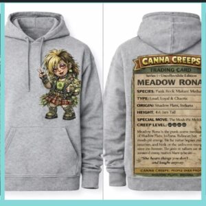 Gray hoodie with punk character and card