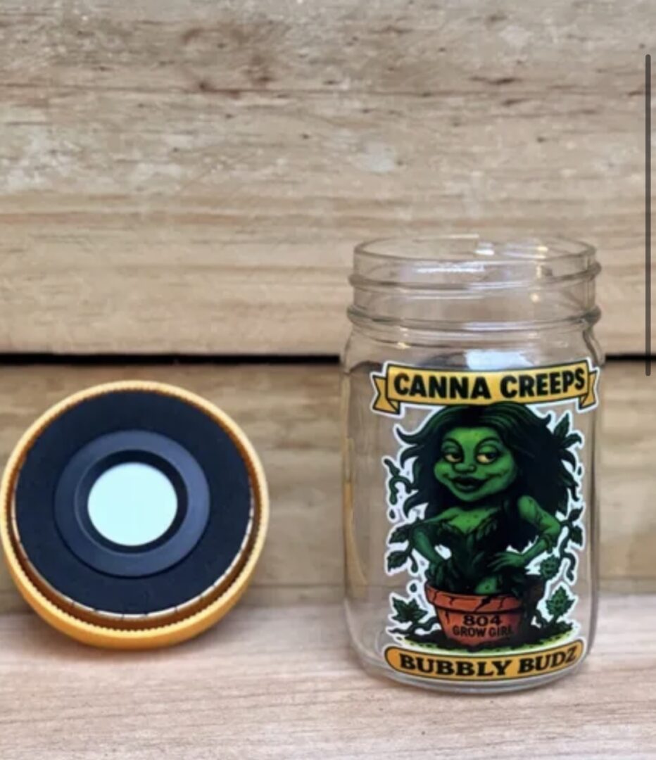 Canna Creeps "Bubbly Bud" labeled glass jar