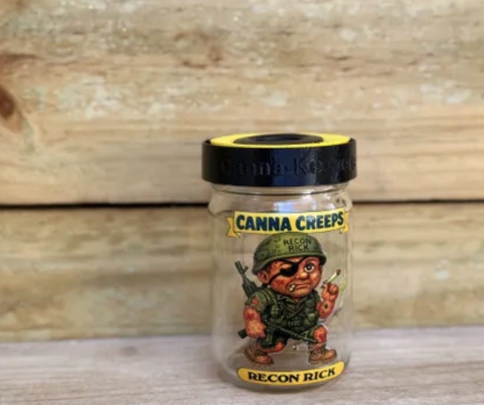 Clear jar featuring Canna Creeps Recon Rick