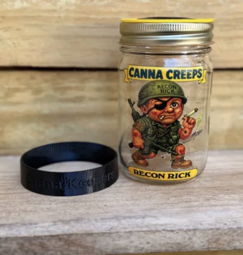 Cartoon soldier on Canna Creeps glass jar