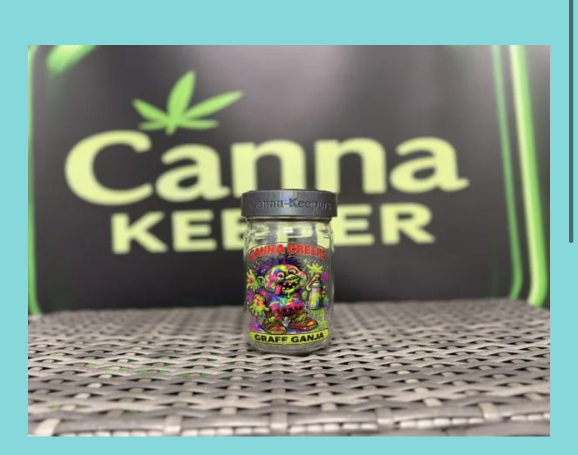Small cannabis jar with colorful Graff Ganja label