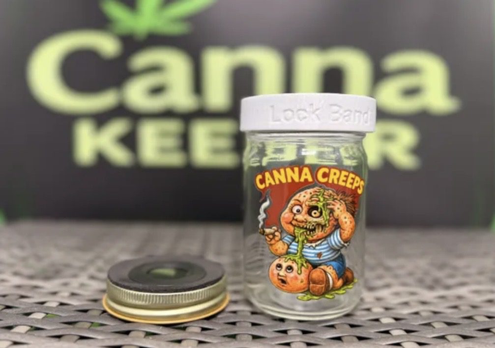 Canna Creeps cartoon glass stash jar