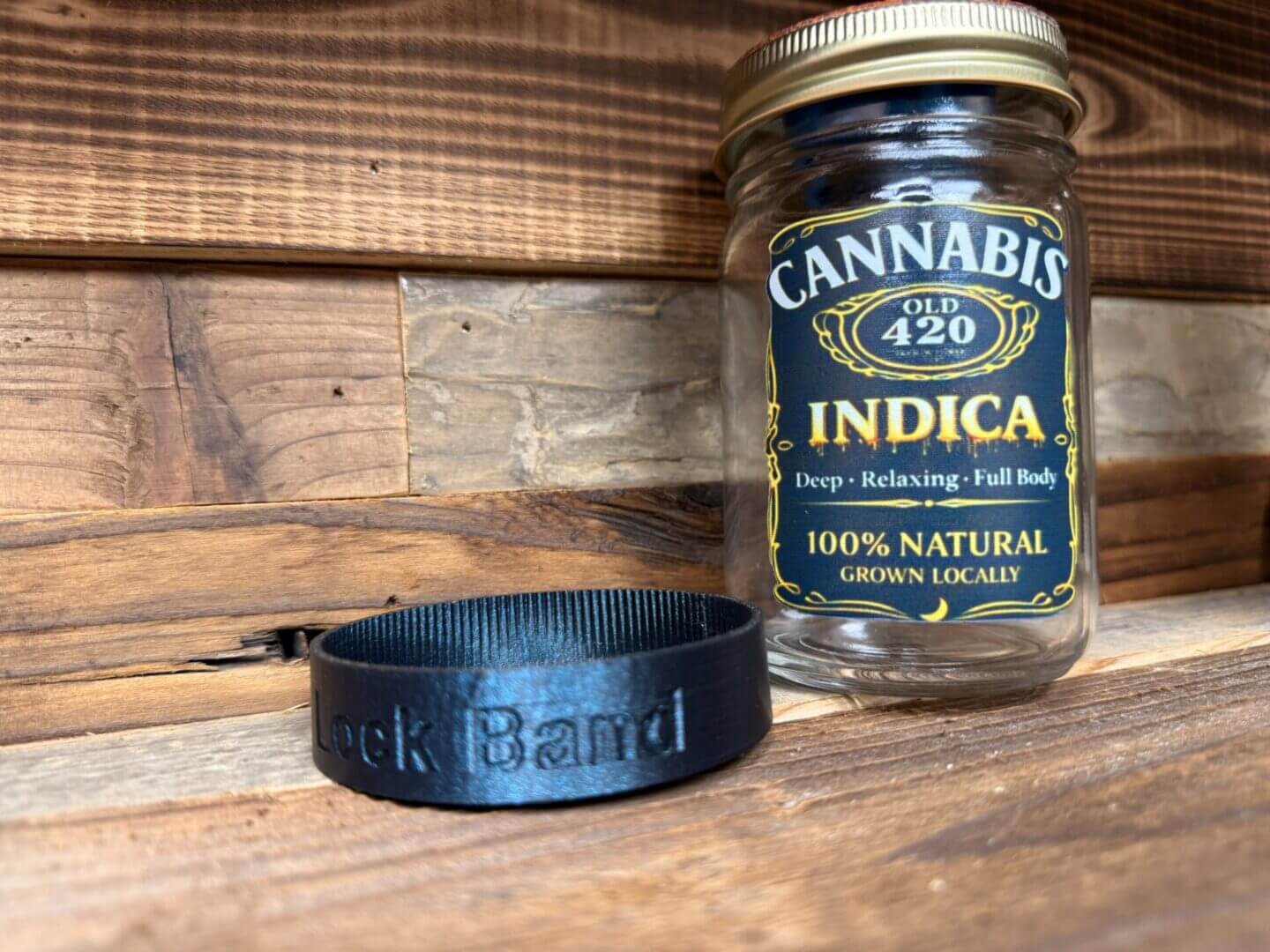 Cannabis indica jar with black wristband
