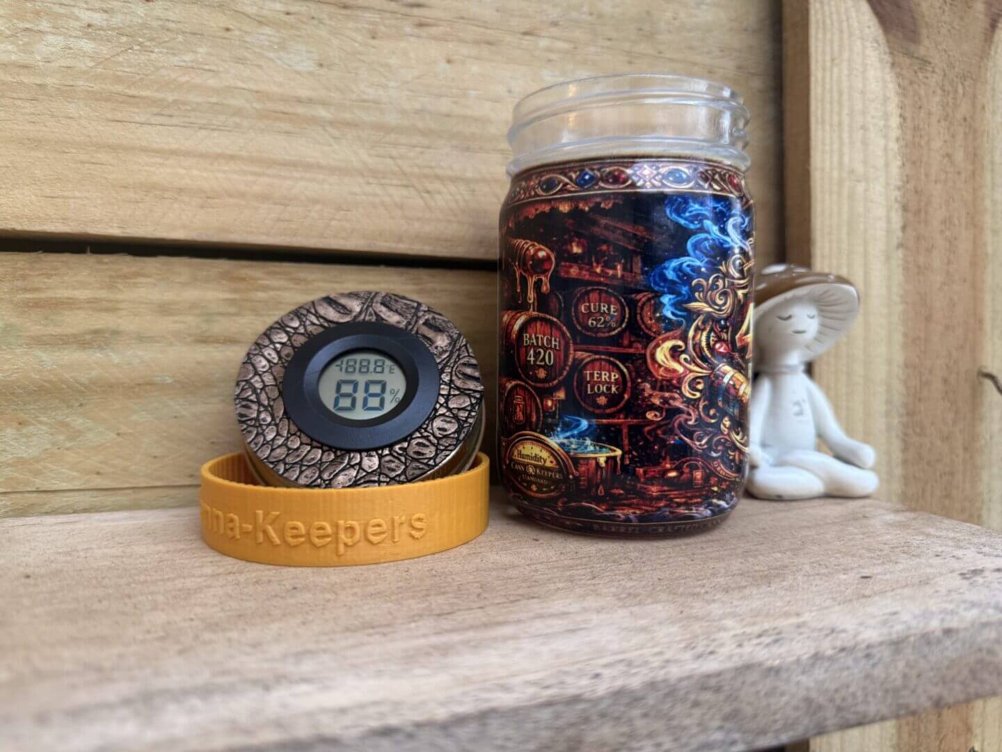 Ornate jar and digital hygrometer on shelf