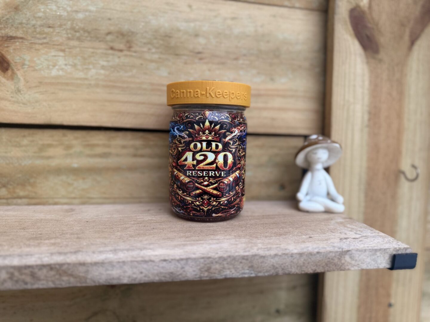Ornate Old 420 Reserve jar on wooden shelf