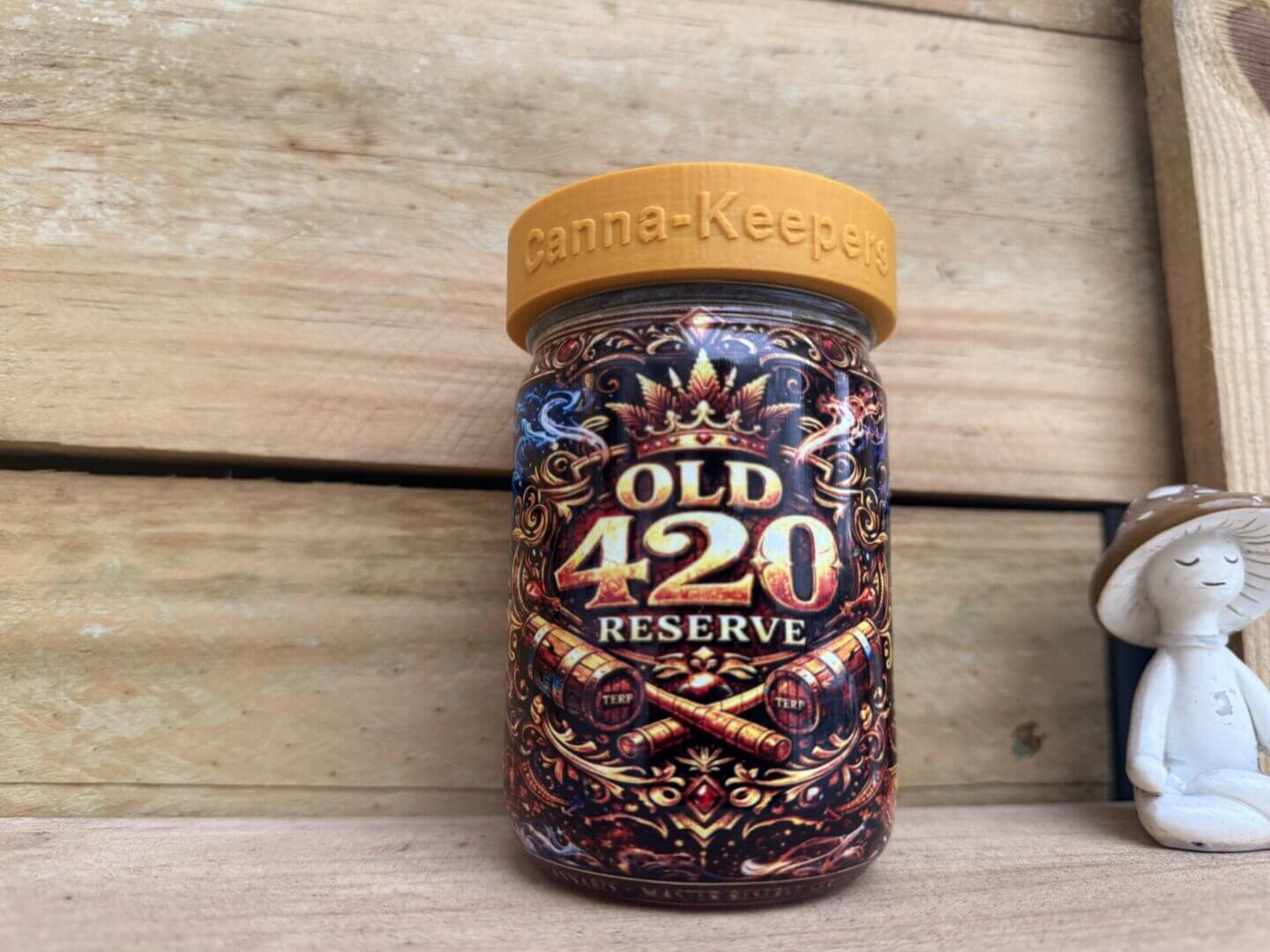 Ornate "Old 420 Reserve" jar on wooden shelf