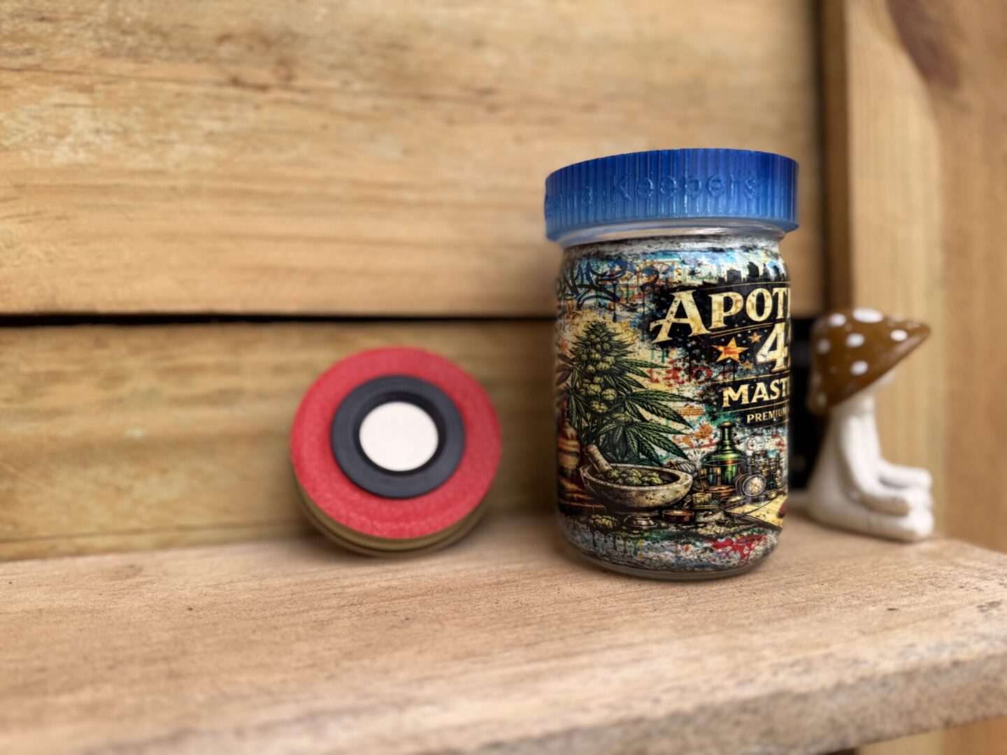 Blue-lidded apothecary jar with red disc